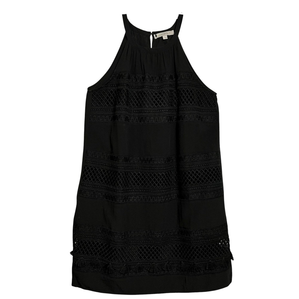 LOFT Black Halter Neck Crochet Lace Trim Tassel Dress Size Small Boho - Picture 3 of 11